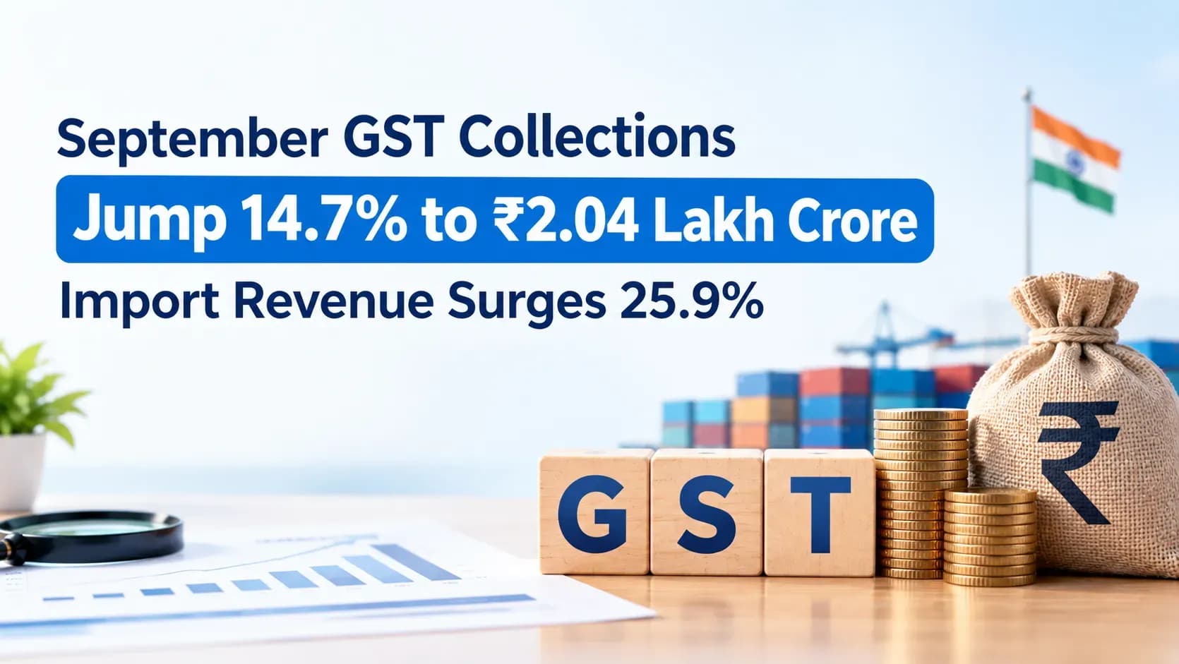 September GST Collections Jump 14.7% to ₹2.04 Lakh Crore; Import Revenue Surges 25.9%