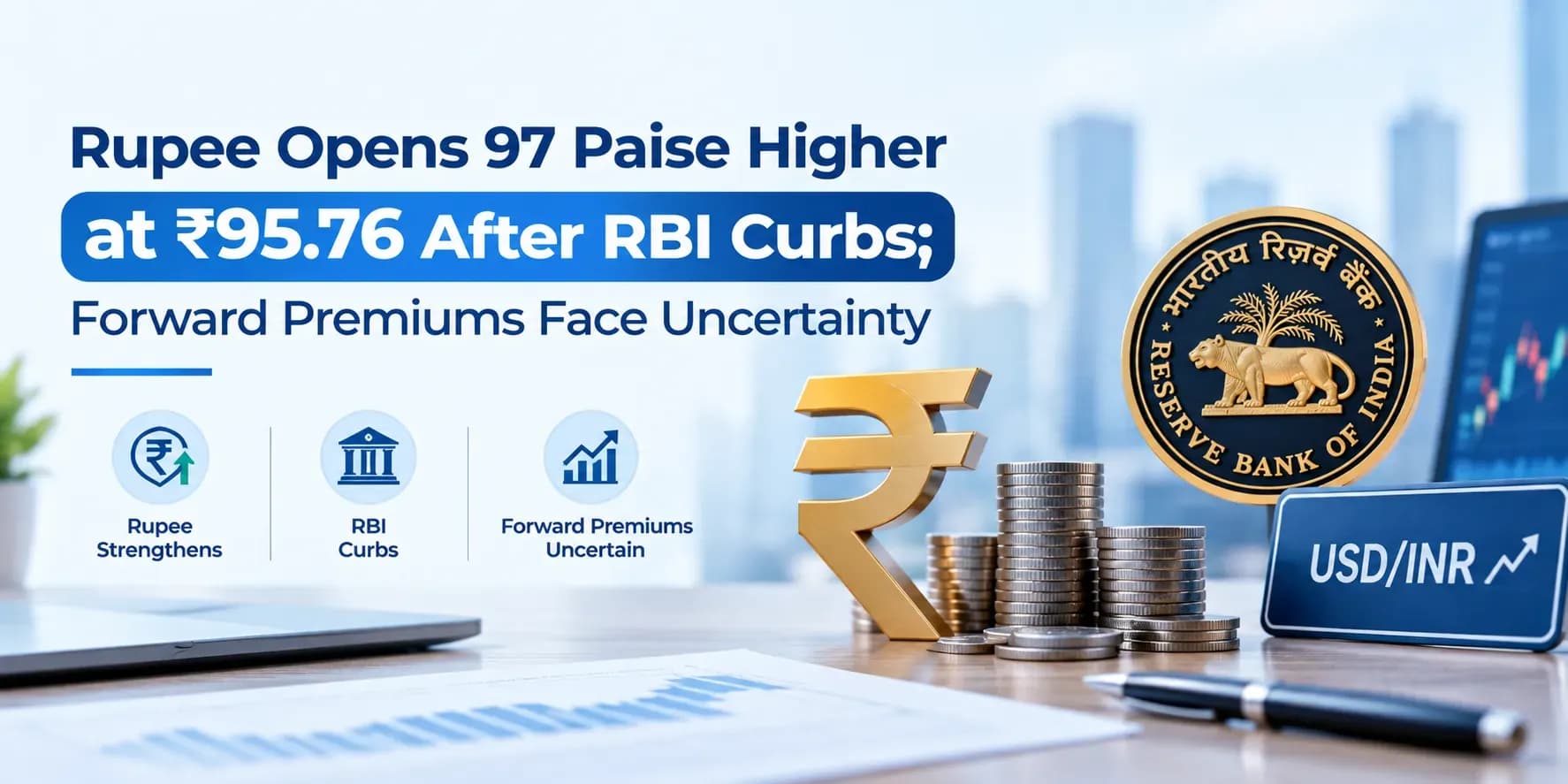 Rupee Opens 97 Paise Higher at ₹95.76 After RBI Curbs; Forward Premiums Face Uncertainty