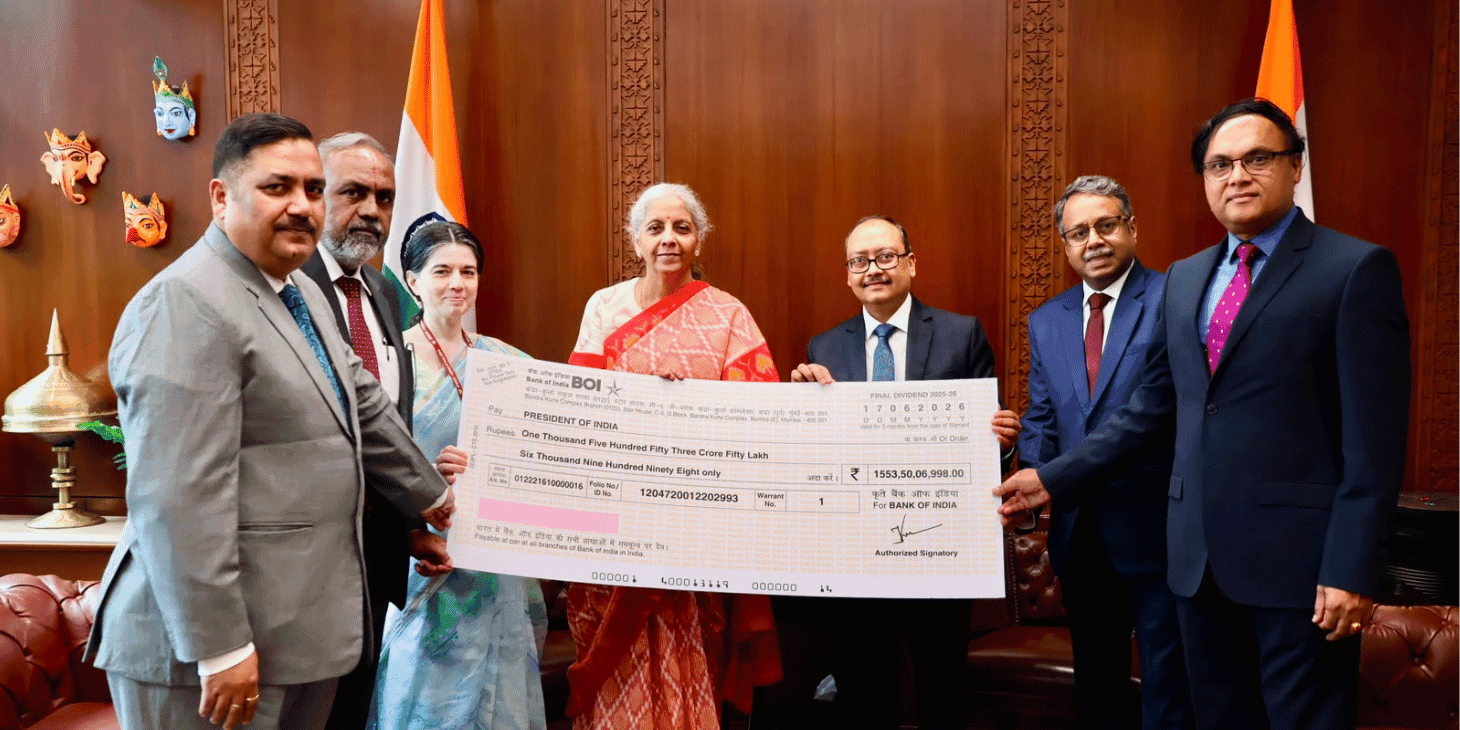 Bank of India Makes Dividend Payment Of ₹1,553.50 Crore To Government For FY26